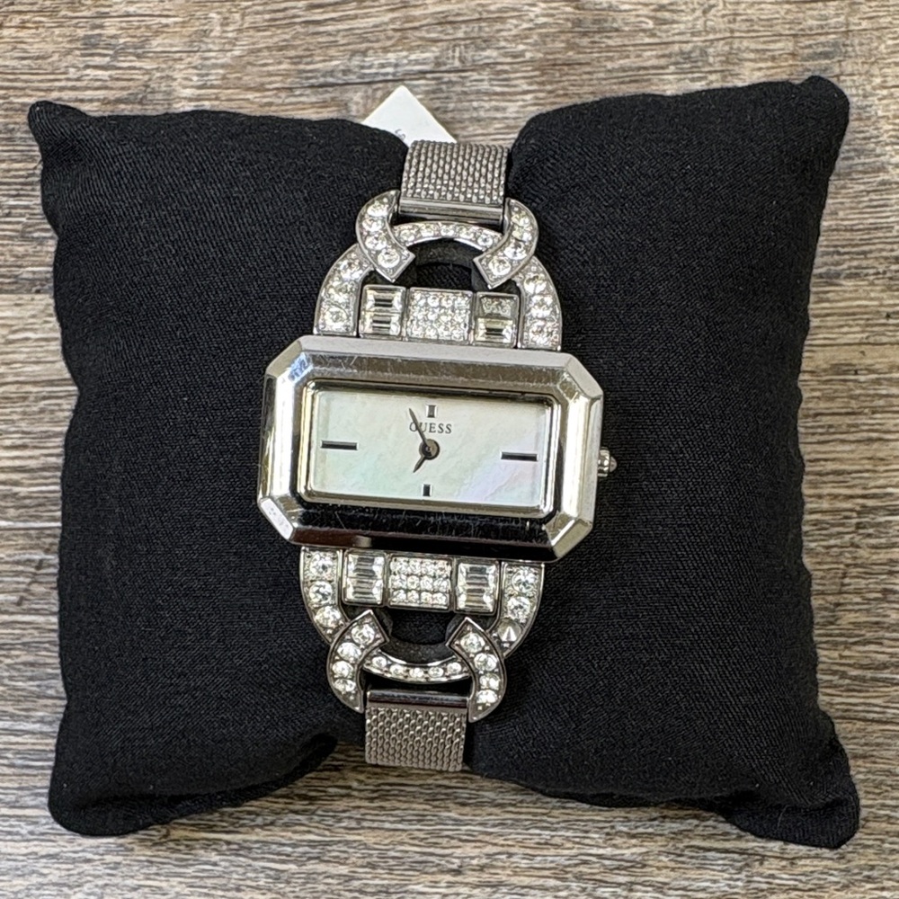 GUESS Silver Tone Crystal Link Bracelet Watch Mother of Pearl Dial